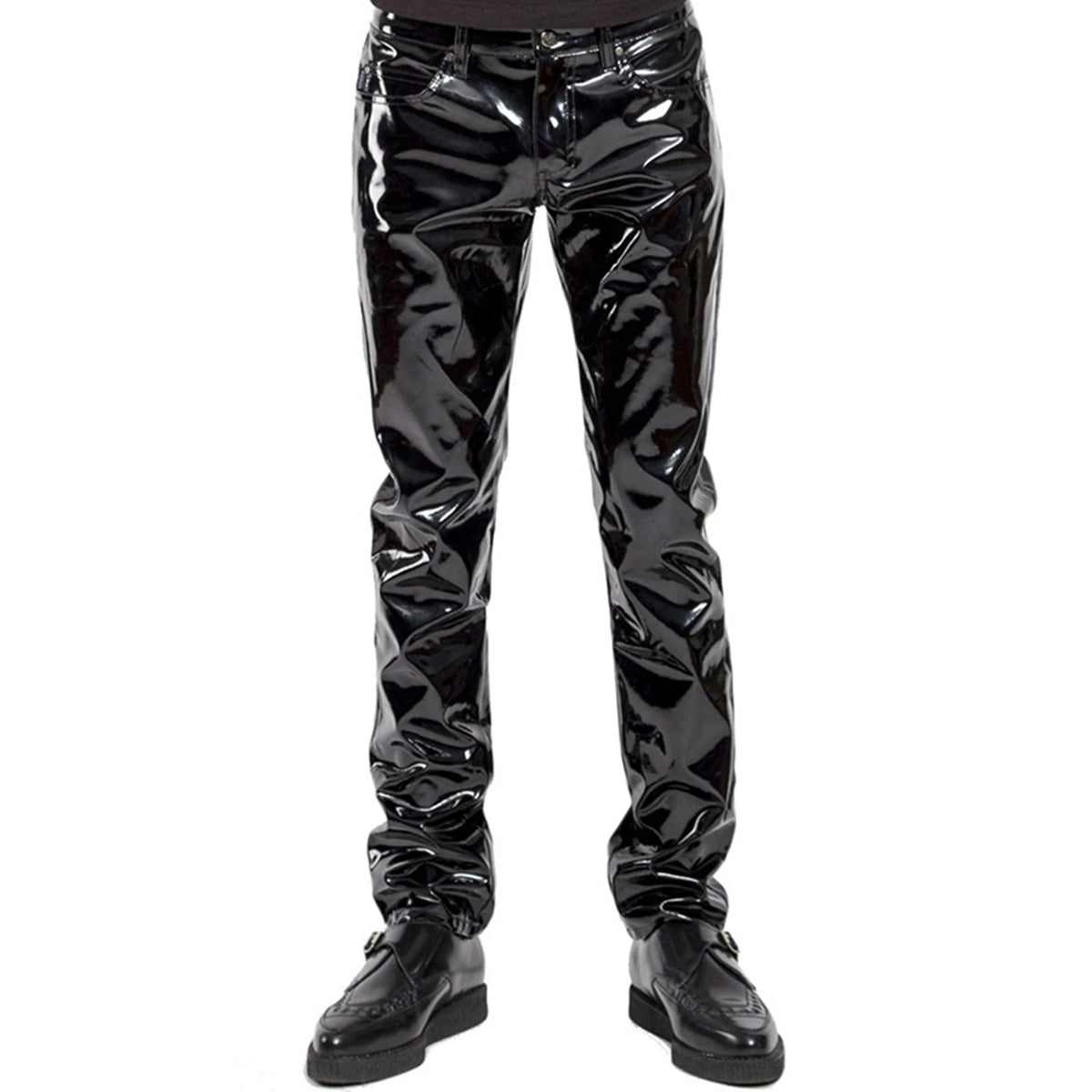 Men Latex Leather Pants Low Waist Faux Leather Shiny Pants Fashion Tight Trousers for Club Stage Show Rock Band Performance