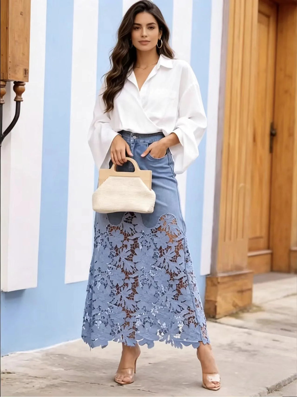 New  Fashion Lace Denim Skirts Patchwork Ladies 2026 Summer Street Pocket Women Casual Loose High Waist Jeans Skirt L274