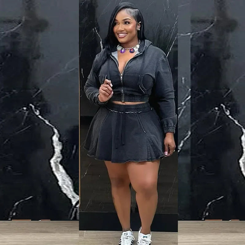 Streetwear Denim Set Woman Two Piece Outfit Casual Zipper Hooded Jacket Top and Mini Skirt Jeans Matching Sets Ensemble Femmes