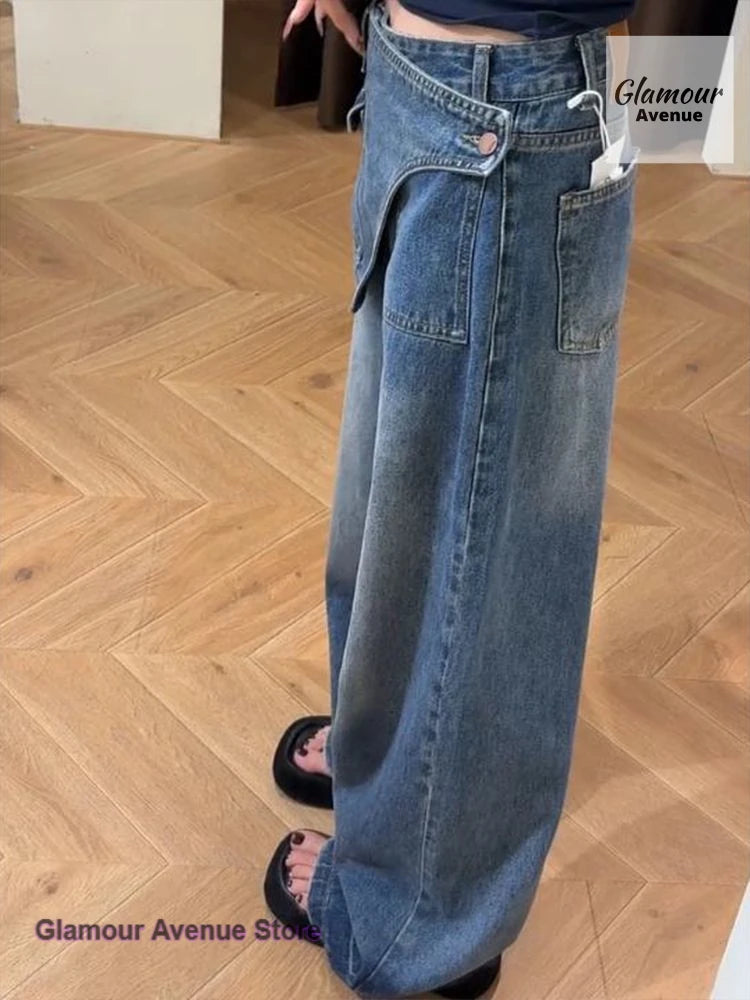 Korean fake two-piece design plus velvet padded straight jeans women's autumn and winter high waist slim wide-leg trousers