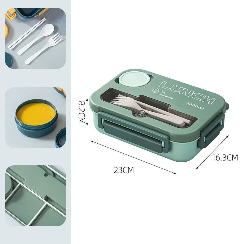 Compartment 1300ML Portable Lunch Box Kids Students Office Bento Box With Fork and Spoon Microwave Food Storage Container