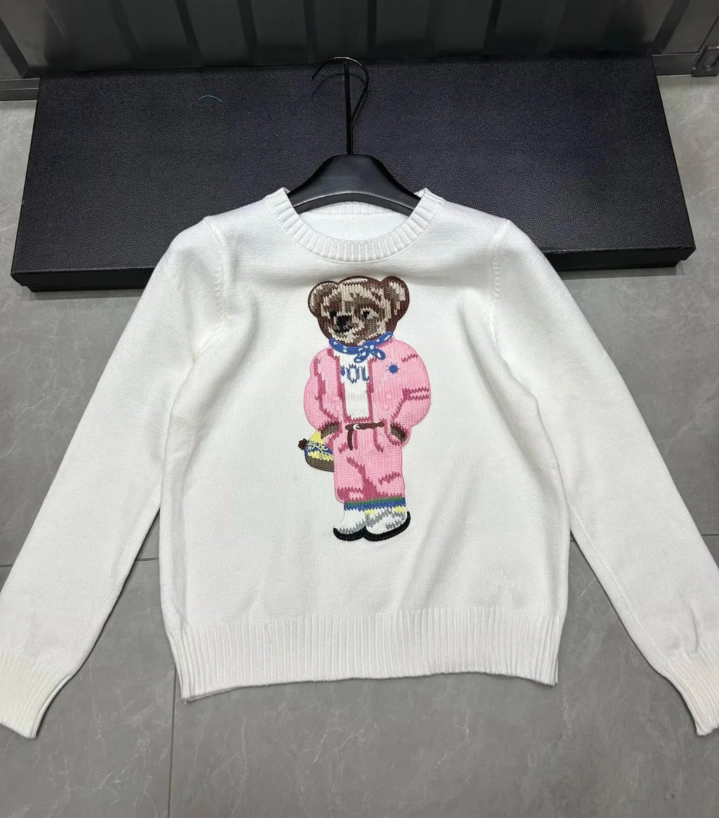 Cartoon Pink Bear Pullover Sweater 2025 Fall/Winter New Fashion Casual Long Sleeve Embroidery Knitted Tops For Women