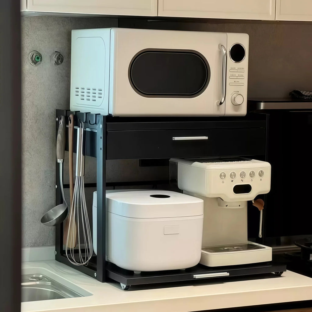 2 Tier Microwave Stand with Storage Drawer, Kitchen Countertop Organiser with Utensil Hooks, Storage Shelf for Oven & Air Fryer