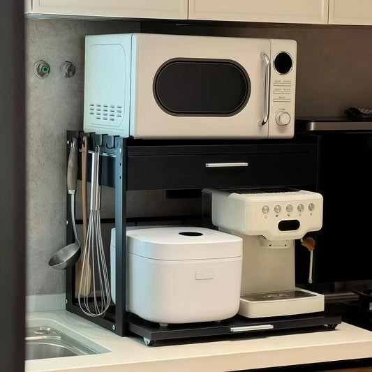 2 Tier Microwave Stand with Storage Drawer, Kitchen Countertop Organiser with Utensil Hooks, Storage Shelf for Oven & Air Fryer
