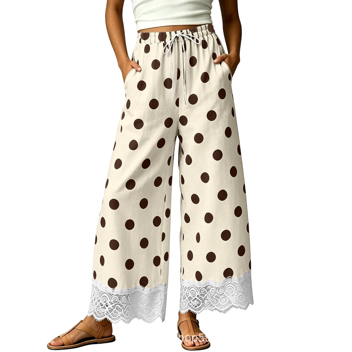 Ladies' Casual Wide Leg Pants, Thin and Sweet, Nine PointWide LegPants, Loose ElasticWaisted Lace Pants, Women's Polka Dot Cheap