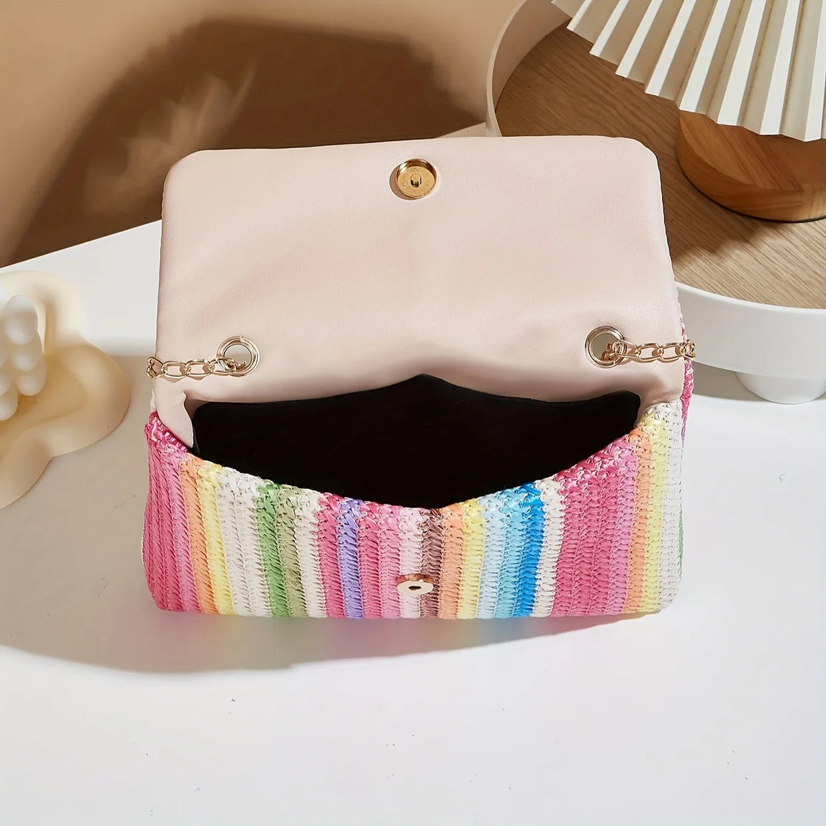 Chic Rainbow Stripe Straw Crossbody Bag for Women Adjustable Shoulder Strap Magnetic Closure Tassel Accent, Fashion Square Purse