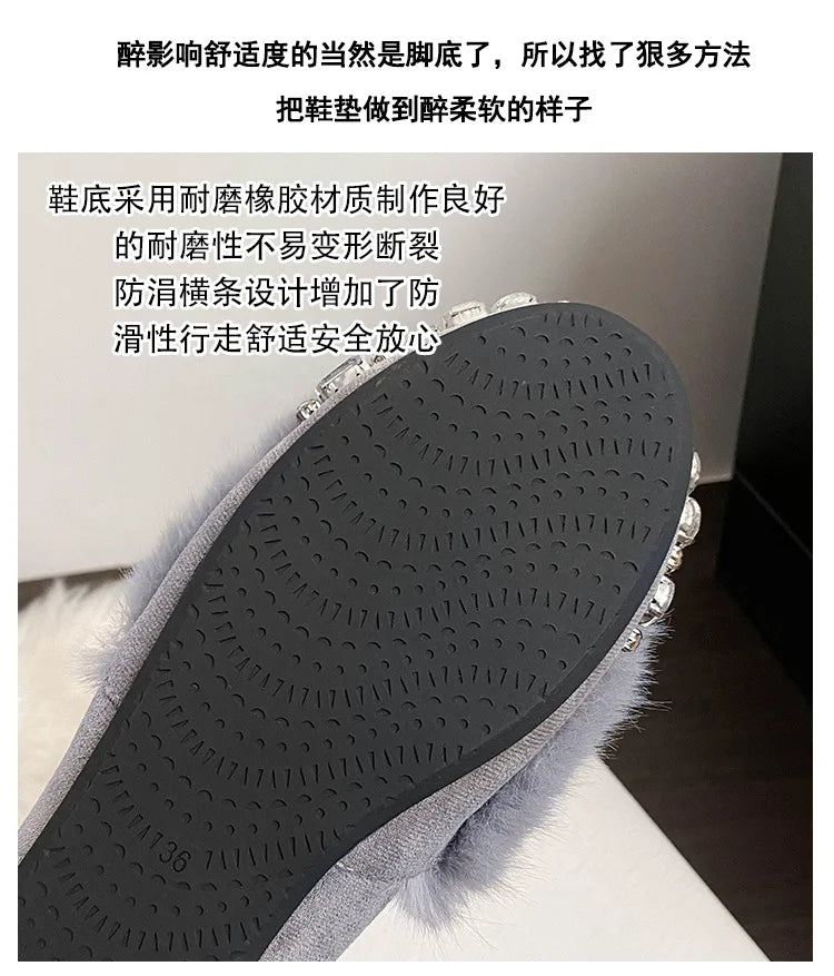 Luxury Glitter Rhinestone Ladies Plush Flat Shoes Female Cozy Crystal Decorate Loafers Winter Warm Walking Driving Shoes Casual
