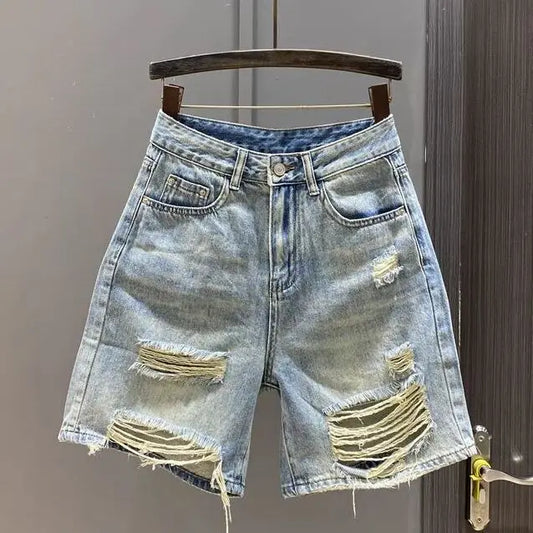 Summer New Loose Straight Wide-leg Medium Pants Shorts Retro Blue Ripped Beggar Denim Five-point Pants Women's Jeans Shorts