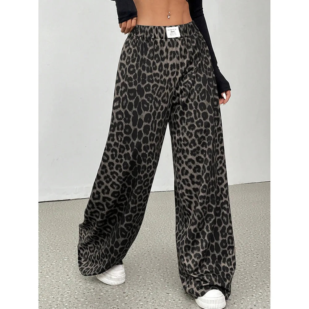 GG Women Leopard Print Wide Leg Pants Elastic High Waist Loose Casual Trousers Streetwear Y2K Fashion Long Palazzo Pants