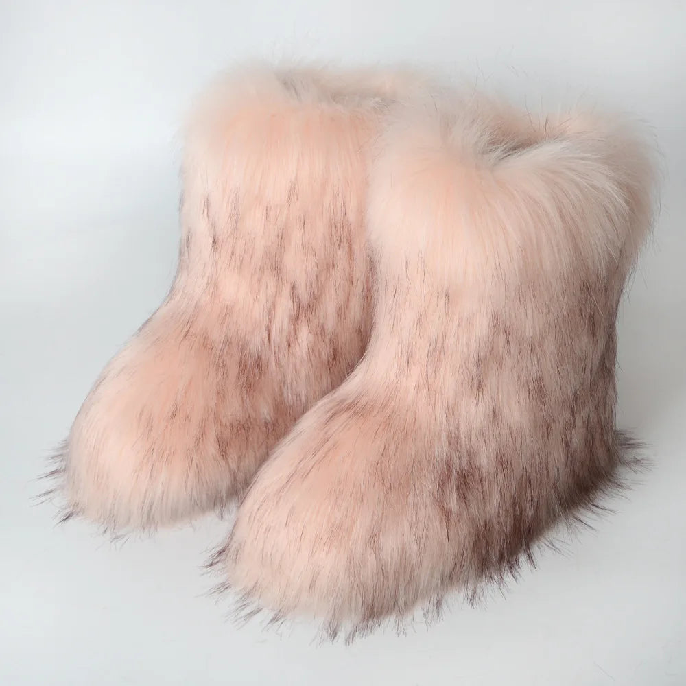 Women's Winter Snow Boots Outdoor Luxury Furry Faux Fox Fur Boots Woman Plush Warm Platform Shoes New Fashion Bottes Big Size 46