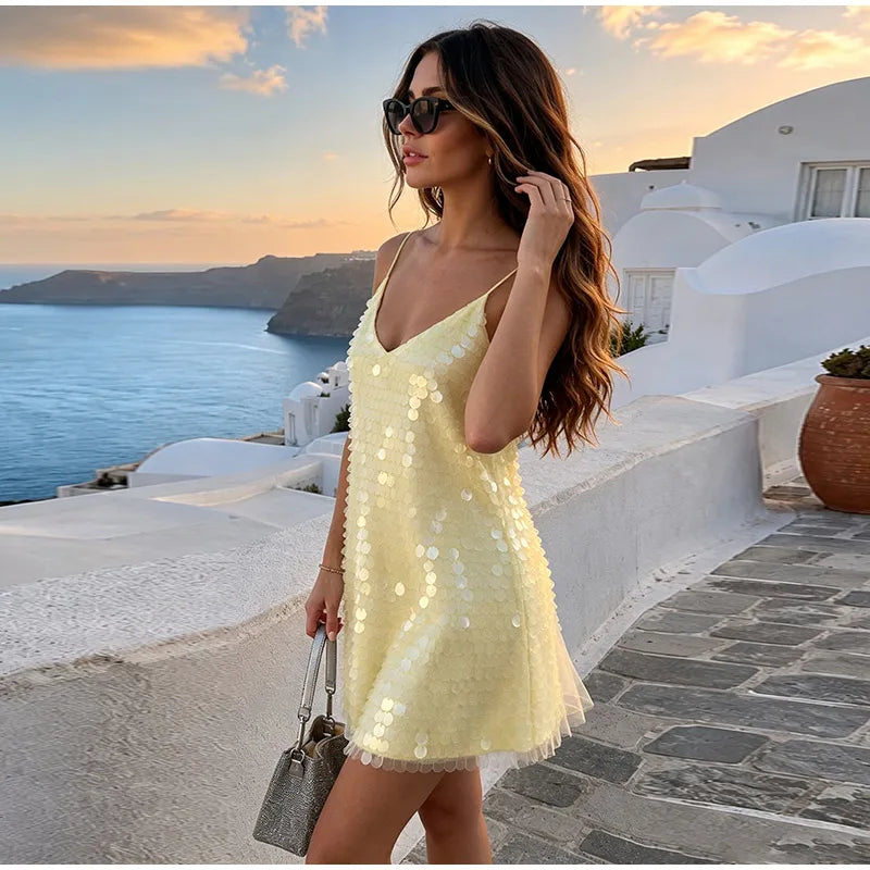 Sexy Lace Sequined Patchwork Dress Women Solid Sling Hollow Out Female Mini Dresses 2026 Summer Autumn Beach Fashion Lady Robe