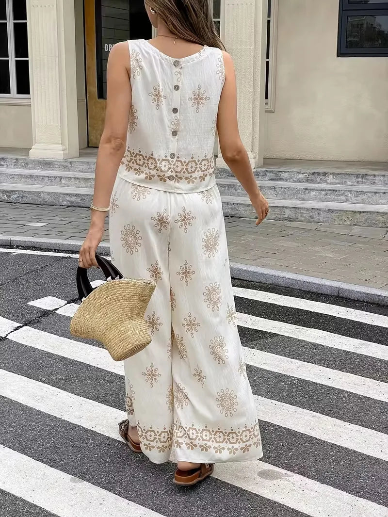 Women's Casual Pant Sets 2026 Summer Fashion Printed Streetwear Sleeveless Tank Tops Waist Loose Wide Leg Pants 2 Piece Sets