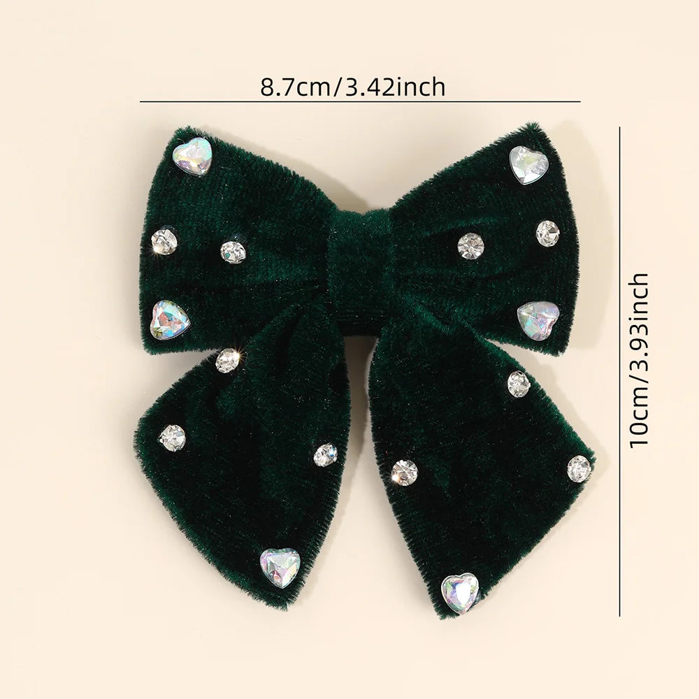 Velvet Bow Hair Clips with Heart Rhinestone Detail, 2-Pack