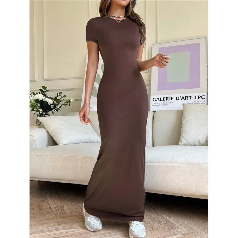 Sexy Slim Fit Short Sleeve round Neck Dress Pure Color Long Dress for Women LinJ2026 Casual European Style mid Waist Skirt