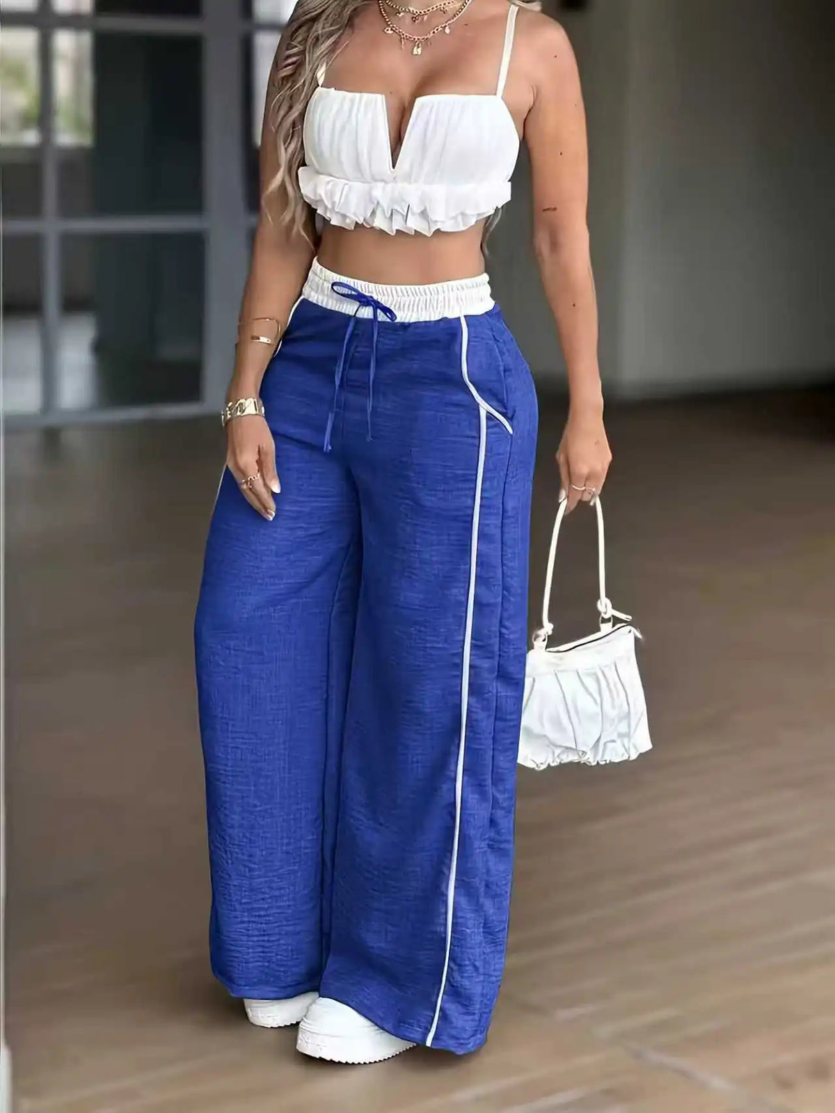 Women's Fashion Casual High Waist Straight Wide Leg Pants Color Block Patchwork Pockets
