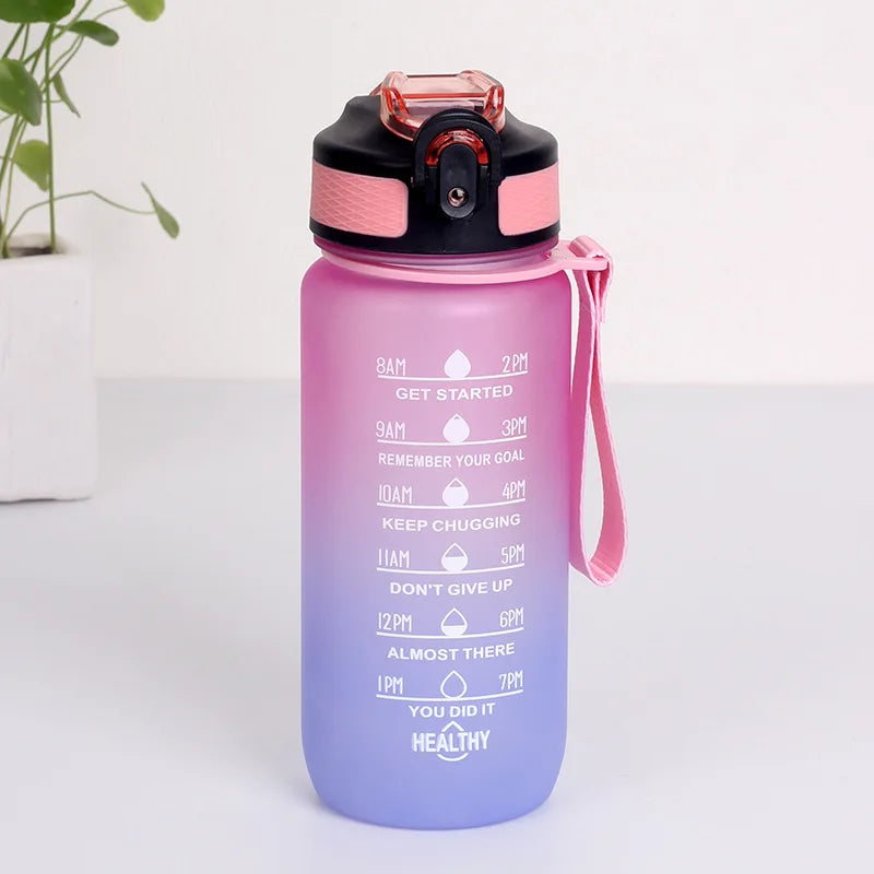 3Sizes Sports Water Bottle Gradient Color Motivational Bottle with Time Marker Leak-proof Cup Gym Outdoor Drinkware