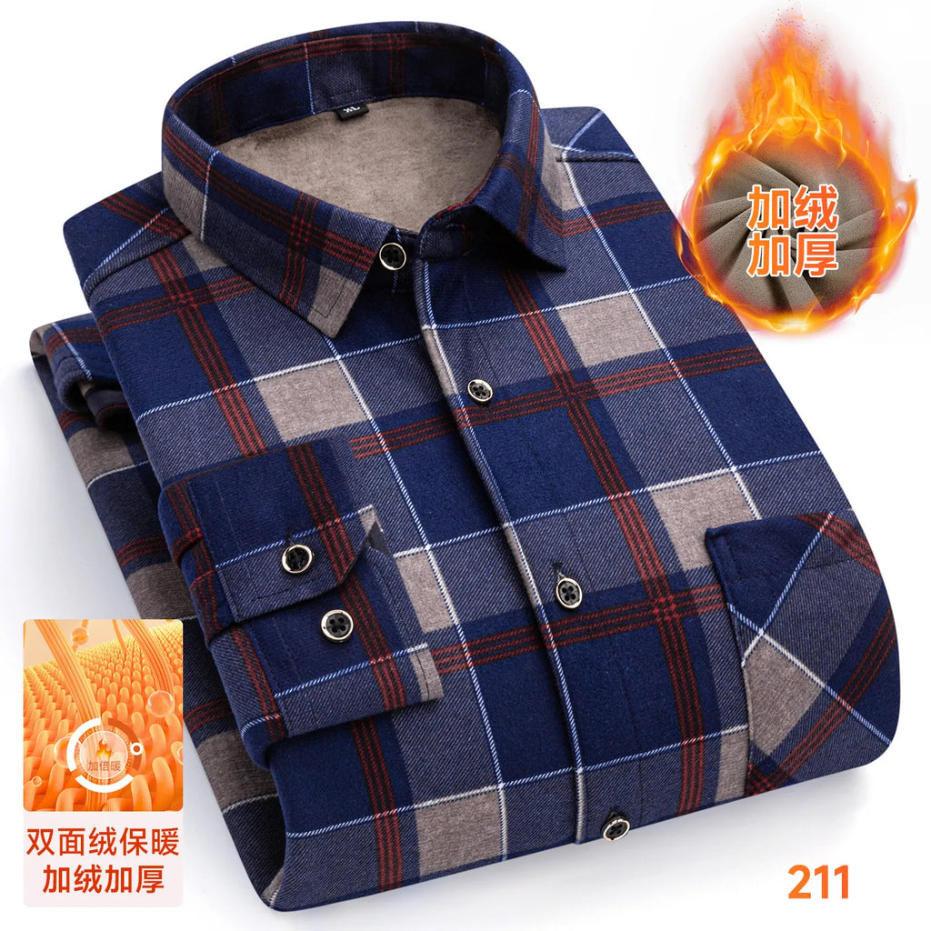 2025 Men's Winter Warm Shirts Long Sleeve Plaid Print Flower Autumn Thickened Fleece Street Trend Casual Dress Shirts 8XL 7XL