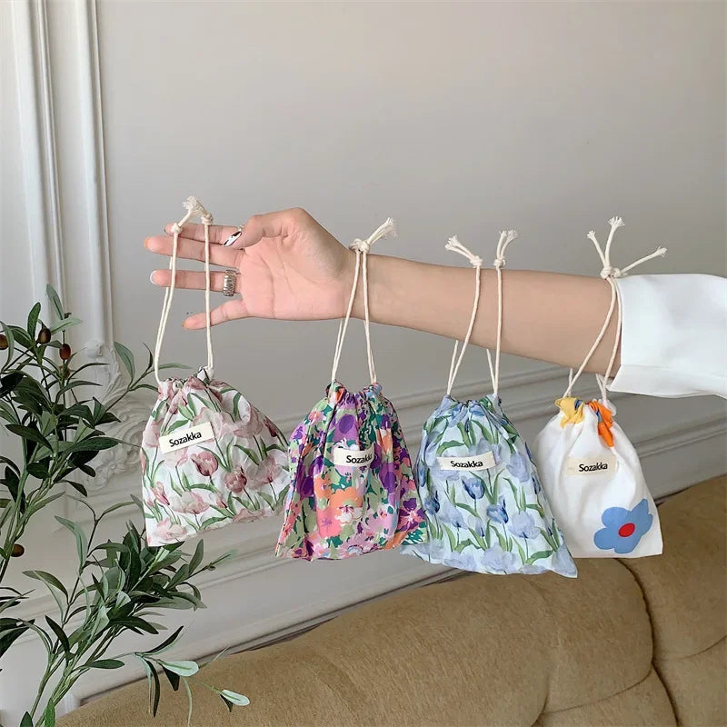 Kawaii Cloth Floral Drawstring Storage Bag Cosmetic Organizer for Women Makeup Handbags Wallet Small Pouch
