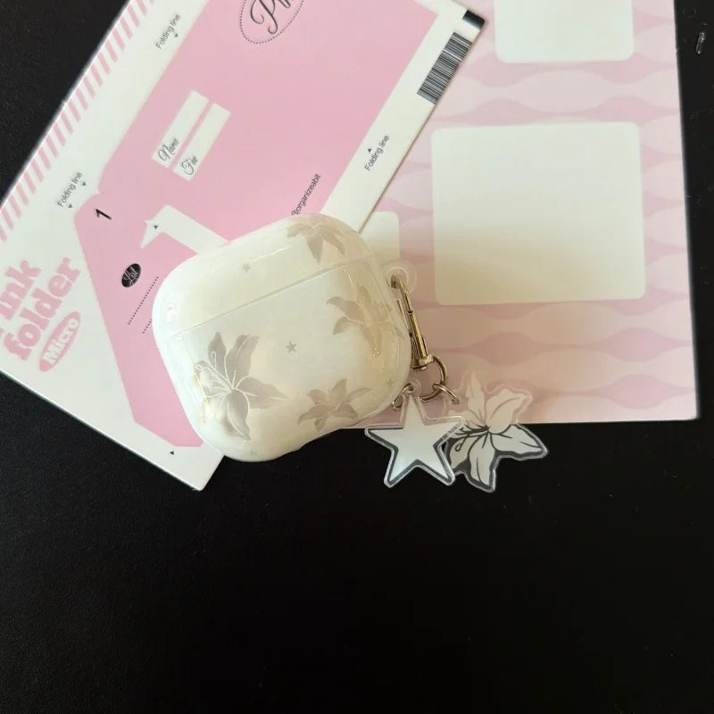 White Lily Flower Print Transparent Earphone Case with Keychain For Airpods 1, 2, 3, 4, Pro, Pro2, Pro3, Dustproof
