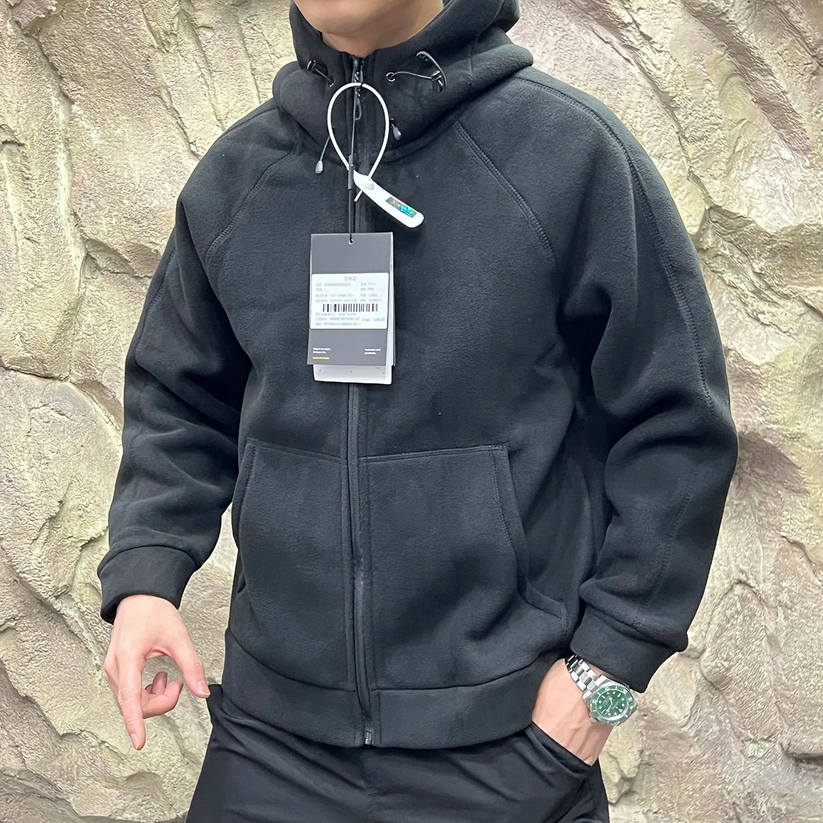 Heavyweight 620g Double-Sided Fleece Hoodie Jacket Quick Warmth Winter Men's Long Sleeve Zipper Closure Outdoor Style Polyester