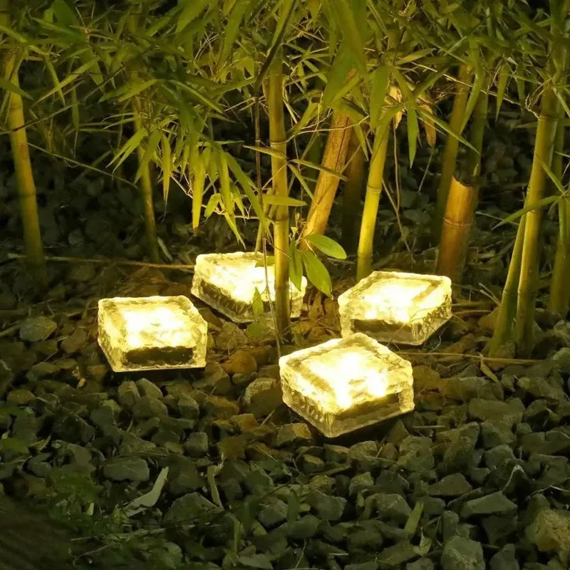 1-8PCS Garden Yard Decor Solar Ice Cube Lights Glass Brick Landscape Square Glass Outdoor Pathway Illumination Lamps