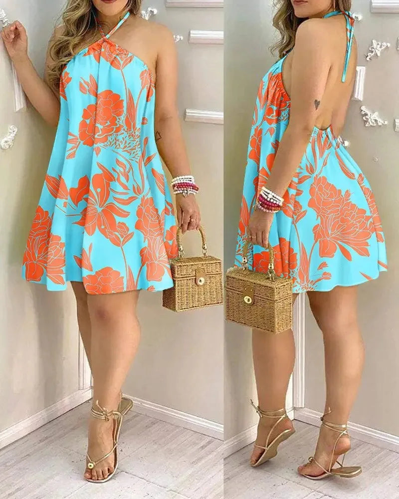 Summer Women Tropical Plant Print Halter Backless Mini Dress Loose Flowy A Line Beach Sundress Holiday Casual Short Dress