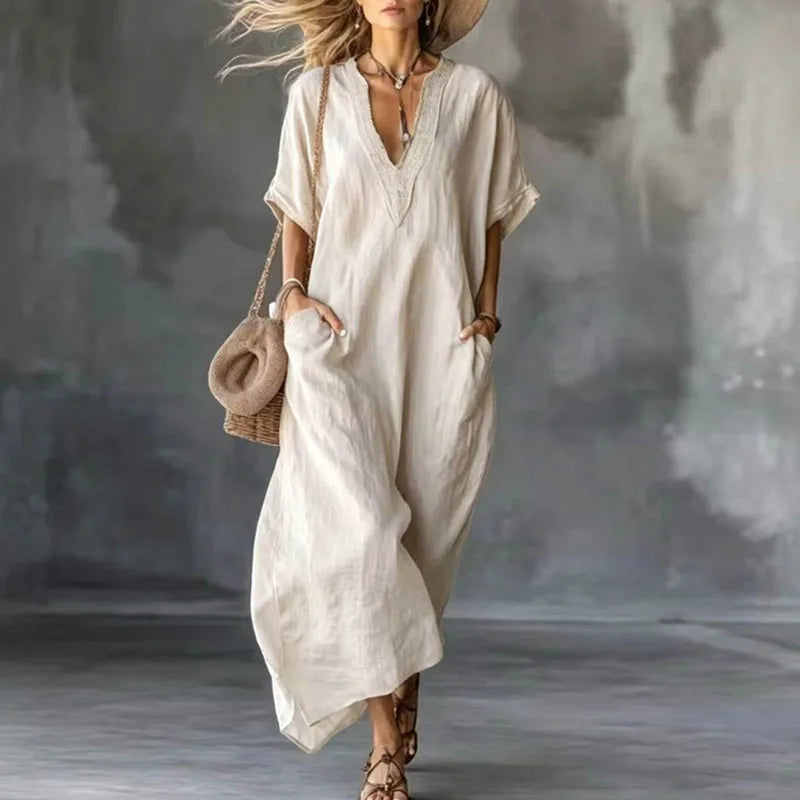 Women's Summer Boho Maxi Dress Spring V-Neck Lace Trim Short Sleeve Kaftan Dress Casual Loose Pocket Vacation Long Dress Vestido