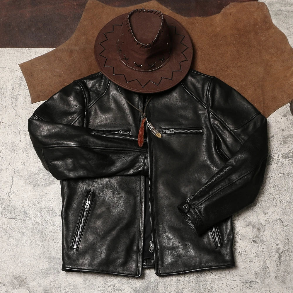 Black Winter Leather Jacket Men Sports Style Plus Size 5XL Genuine Natural Thick Cowhide Stand Collar Slim Fit Short Coat