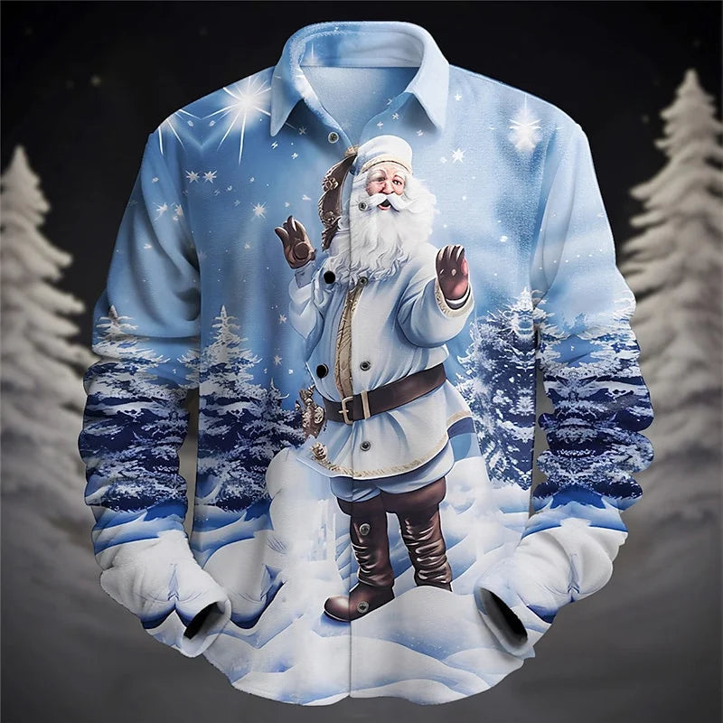 2024 Fashion Christmas Themed 3D Printed Men's Casual Long Sleeve Shirt Street Wear Party Size Shirt Santa Claus Hot Sale