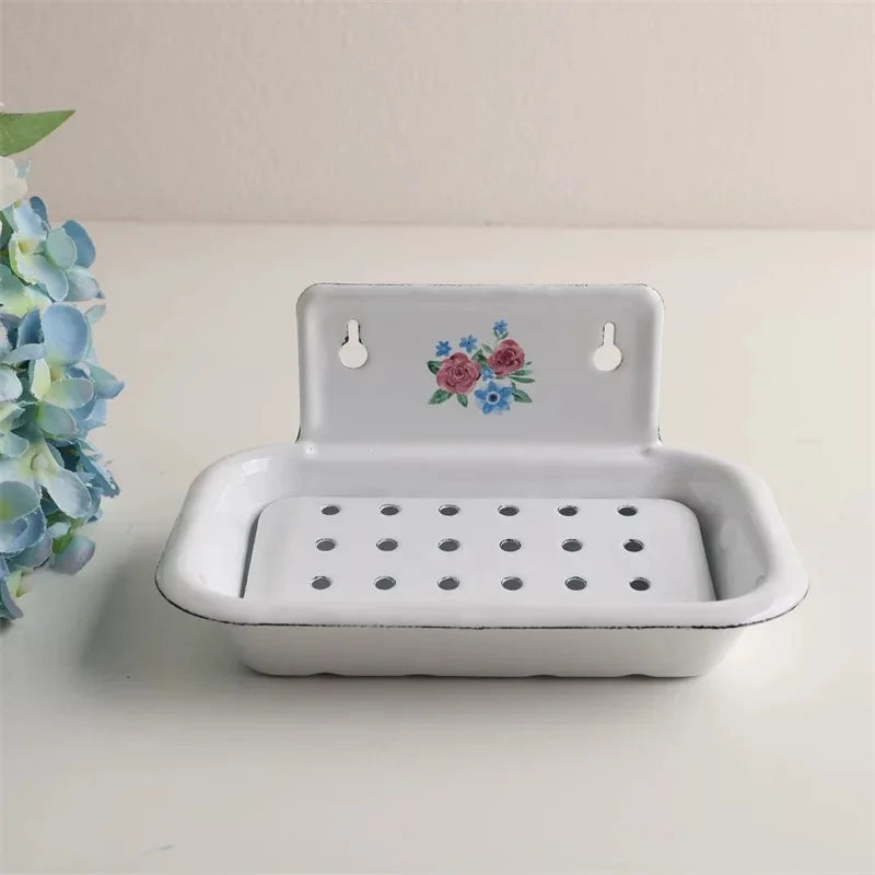 Vintage Enamel Soap Dish with Wall Mount, White, 6.1 X 3.9 X 3 Inches, Multiple Decorative Patterns