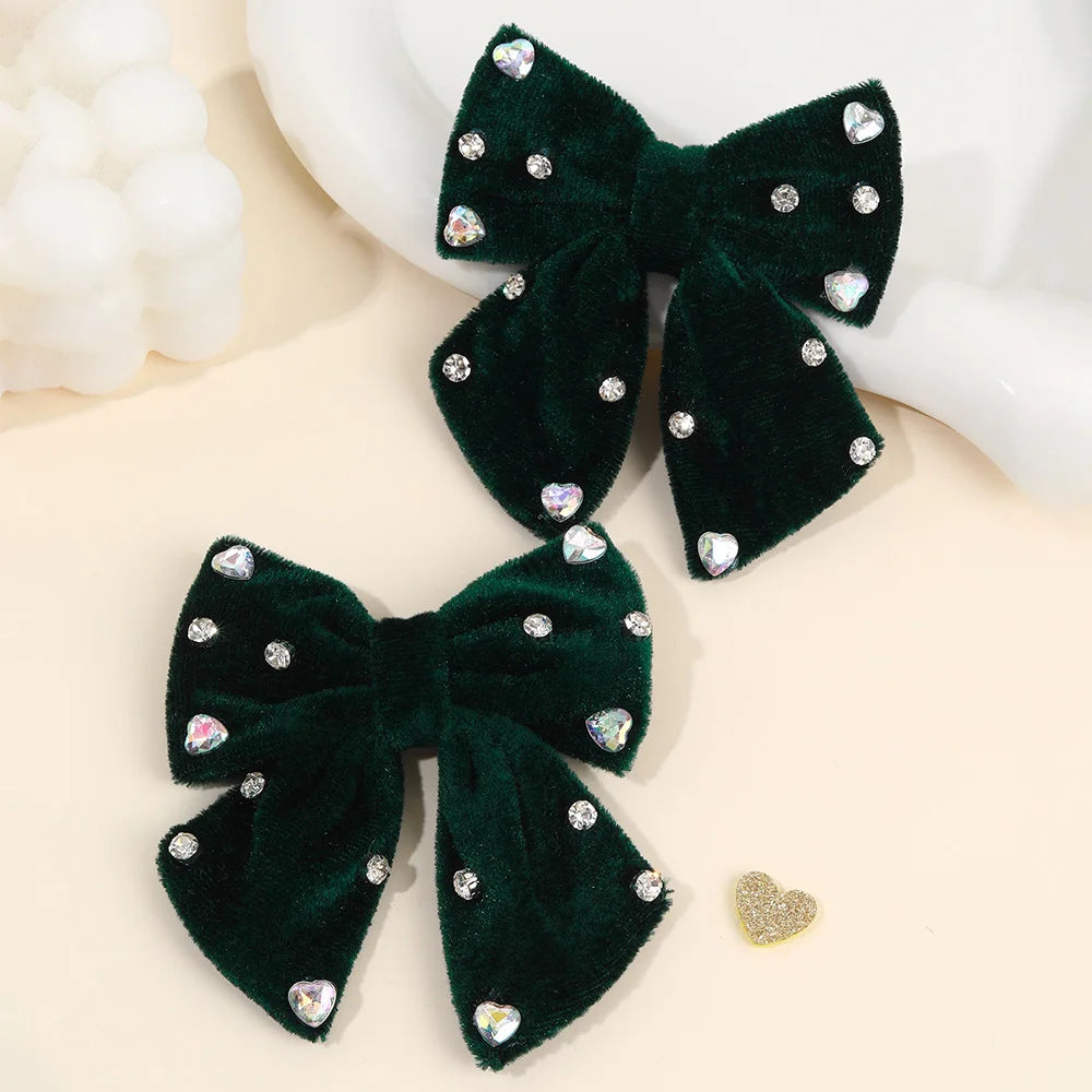 Velvet Bow Hair Clips with Heart Rhinestone Detail, 2-Pack