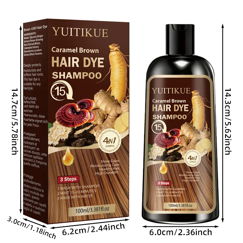 YUITIKUE 4-in-1 Caramel Brown Hair Dye Shampoo 100ml - Natural Instant Color Shampoo with Moisturizing Care