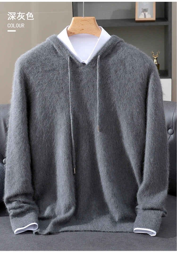 LHZSYY 100% Pure Mink Cashmere Hooded Sweater Men's Hooded Knitted Pullover Business Casual Loose Hoodie Autumn Bottoming Shirt