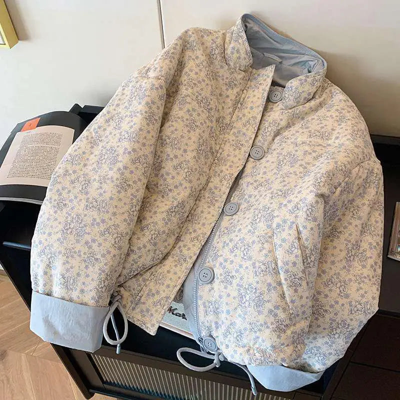 Blue Printed Stand Up Collar Cotton Jacket For Women's Winter 2024 New Casual Loose Korean Version Sweet Warm Cotton Jacket