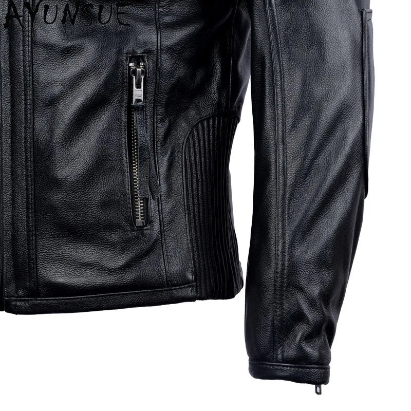 AYUNSUE Pure Cowhide Men Leather Jacket Fashion Stand Collar Short 100% Genuine Cow Leather Real Jacket Slim-fit Motorcycle Wear
