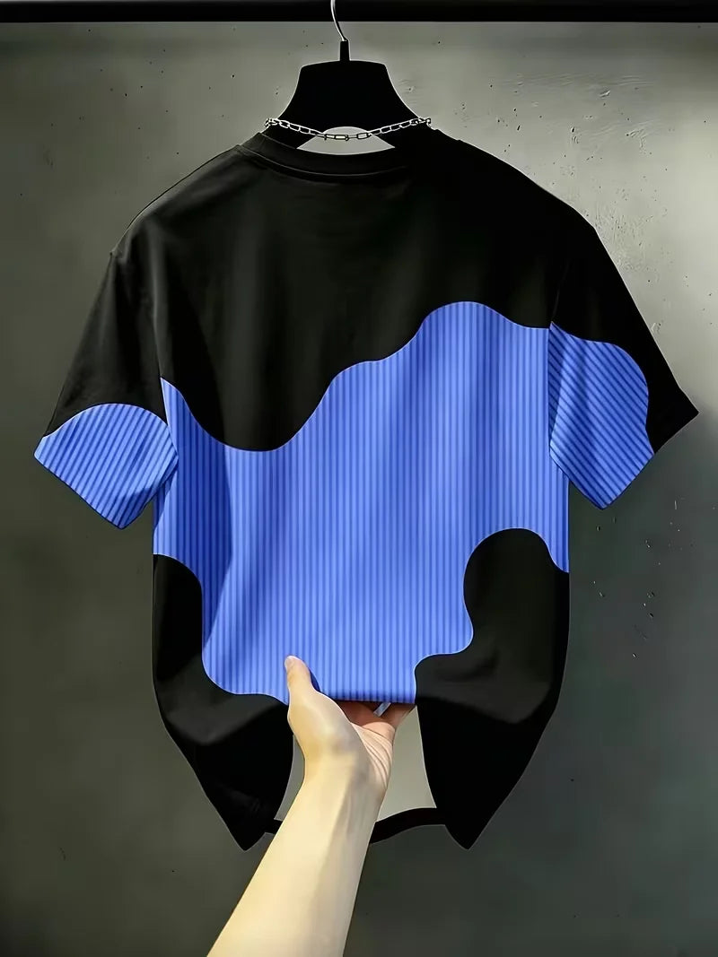 Men'S Casual Round Neck T-Shirt, Geometric Pattern Patchwork Striped Design, "Chicago" Word Pattern Top