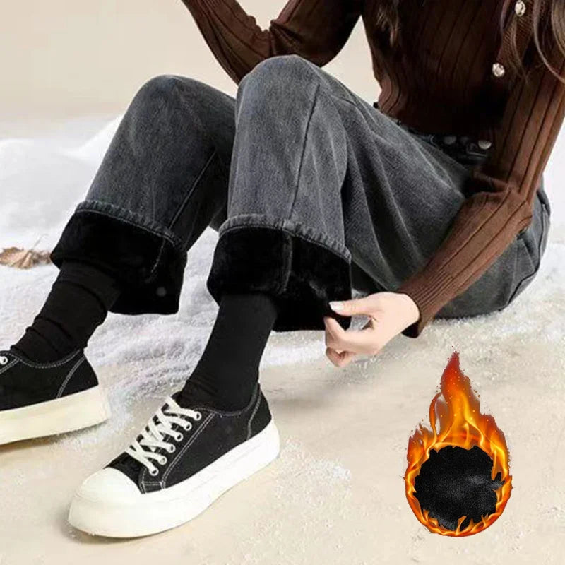 Hot Sale Winter Lady Thermal Plush High Waist Jeans Girls Snow Warm Denim Pants Women Classic Fleece Straight Leg Trousers