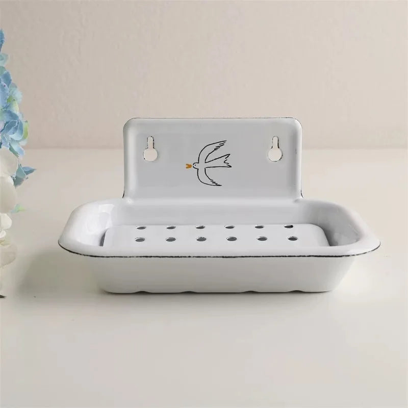 Vintage Enamel Soap Dish with Wall Mount, White, 6.1 X 3.9 X 3 Inches, Multiple Decorative Patterns