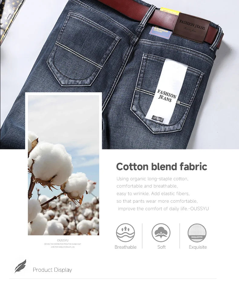 OUSSYU Brand Classic Retro Blue Men's Jeans Denim Pants Work Streetwear Straight Stretch Business Autumn Winter Cotton Trousers