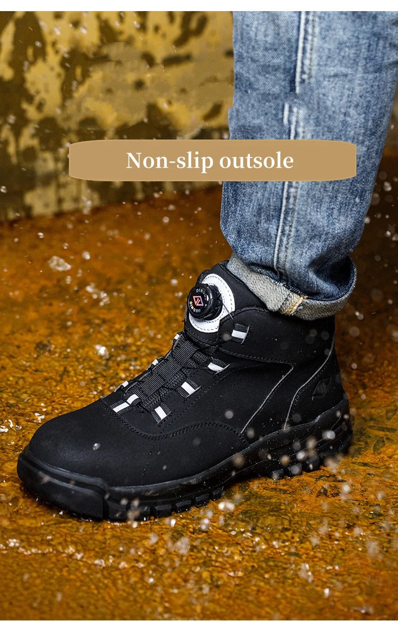 WOUDHONY Work Shoes Men Anti-smashing Anti-puncture Safety Shoes Rotating Buttons Autumn Winter Protective Work Safety Boots