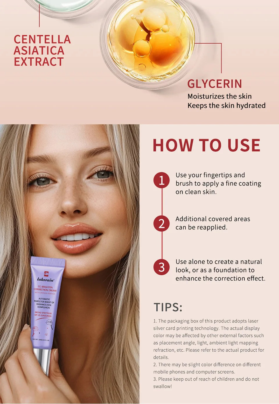Lakerain Centella Color Changing CC Cream High Coverage Moisturizing Liquid Foundation Korean Face Base Makeup