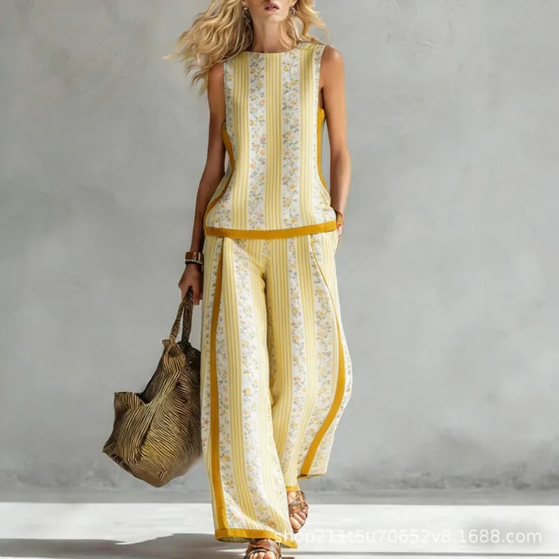 New Fashion Retro Printed Sleeveless Tops Trousers 2-piece Sets Women's Summer Casual Vest Loose Wide Leg Trousers Female Suit