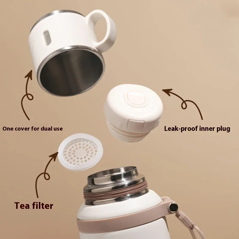 600ML Stainless Steel Insulated Bottle Double Wall Vacuum with Cup Lid Rope Handle Office Home Travel Thermos Coffee Cup Outdoor