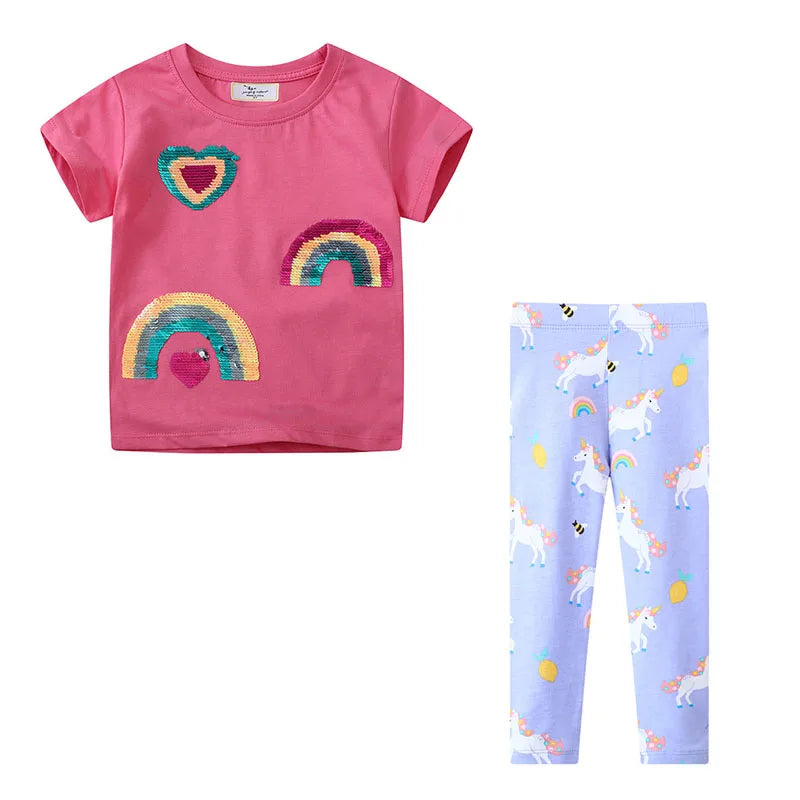 Jumping Meters Unicorn Girls Tshirts + Leggings Short Sleeve Children's Clothing Sets For Summer 2 Pcs Suit Kids Outfits Sets