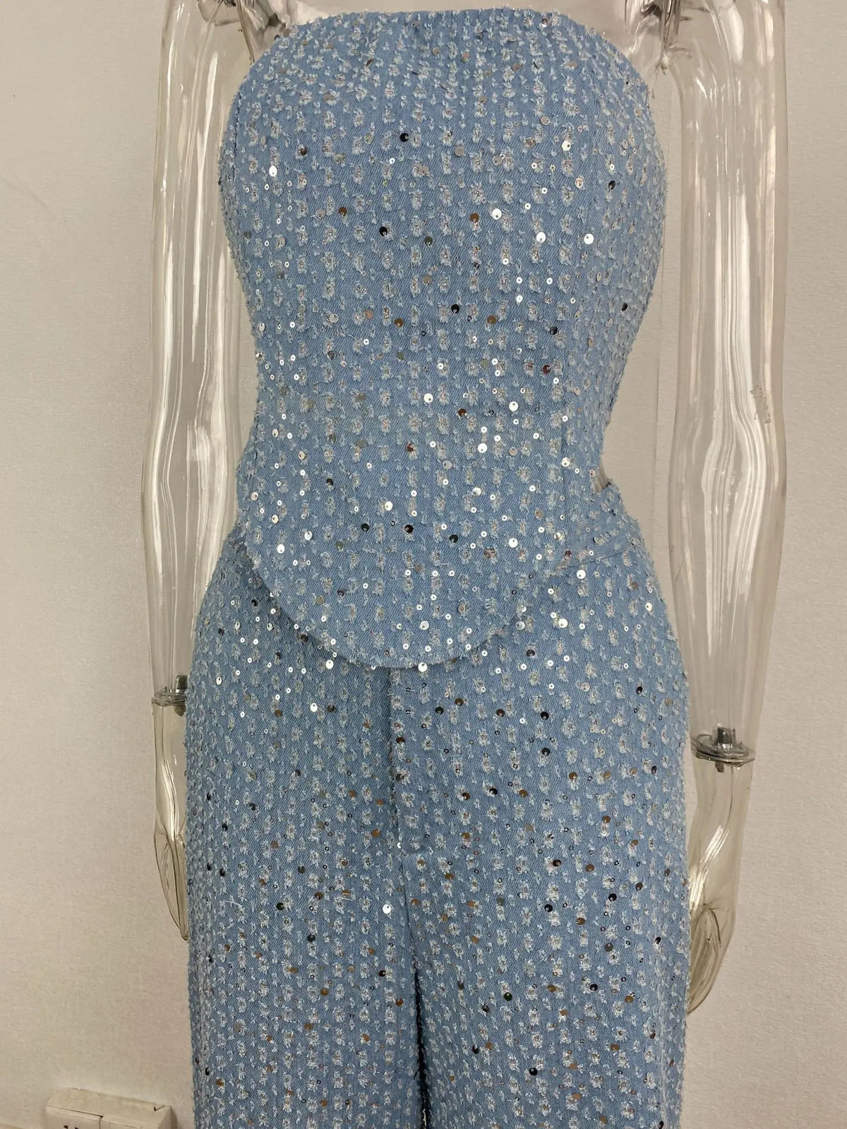 Fashion Sequins Denim Set Women Strapless Tunic Waist Crop Top and Wide Leg Pant Suit 2024 New 2 Piece Sets Outfits Tracksuit