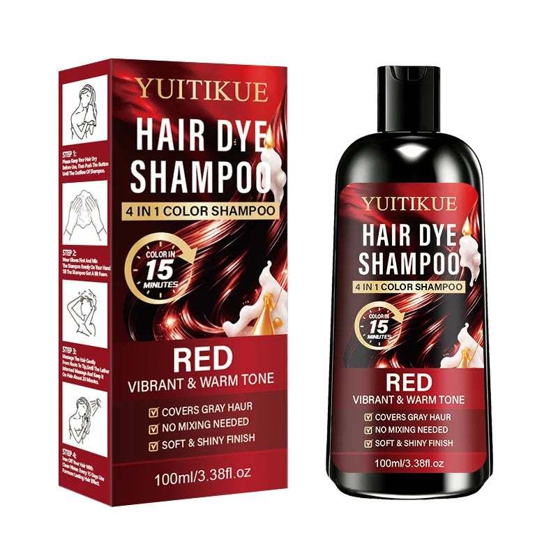 100ml Red 4IN1 Hair Color Shampoo 15 Mins Fast Dye Cover Grey Hair Salon Shine Effect No Mix Needed Warm Vibrant Red Tone