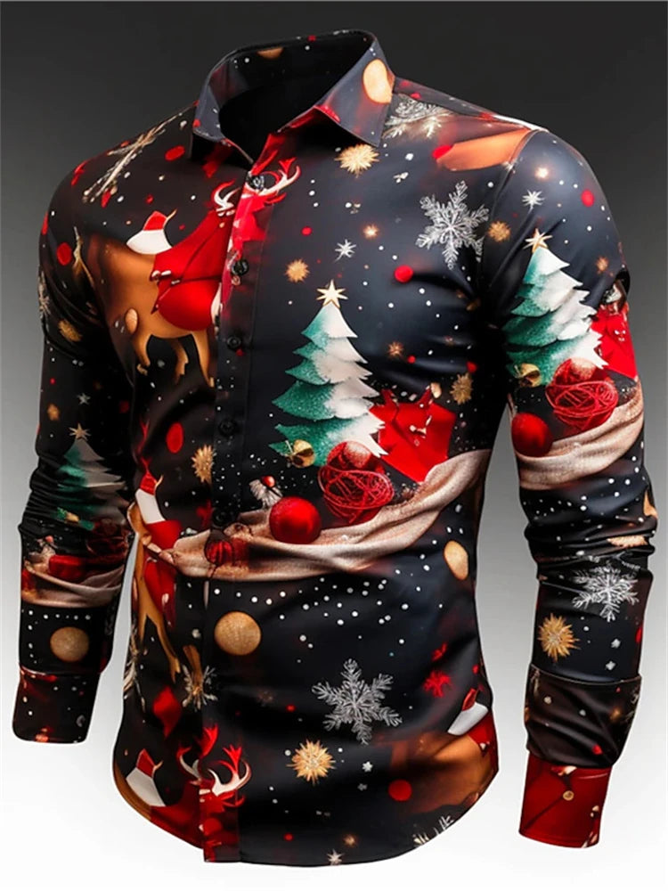Gift Christmas Tree Print Men's Long Sleeve Shirt Urban Street Men's Fashion Christmas Shirt Autumn And Winter Casual Mens Shirt