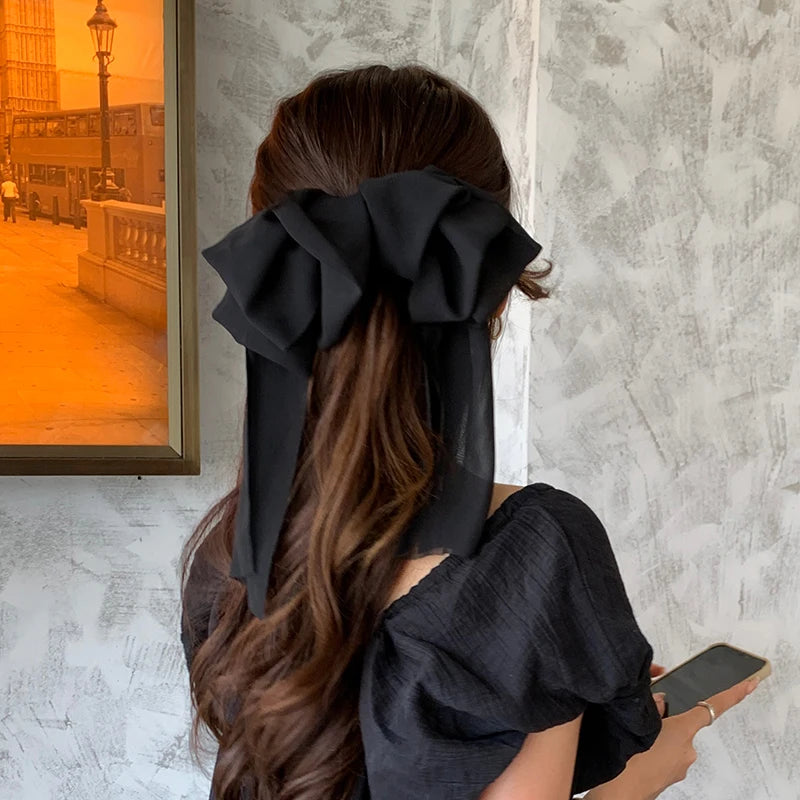 Chiffon Multi-layer Large Barrette Bow Hairpin For Female Streamer Fairy Back Head Ponytail Spring Clip French Lazy Headdress