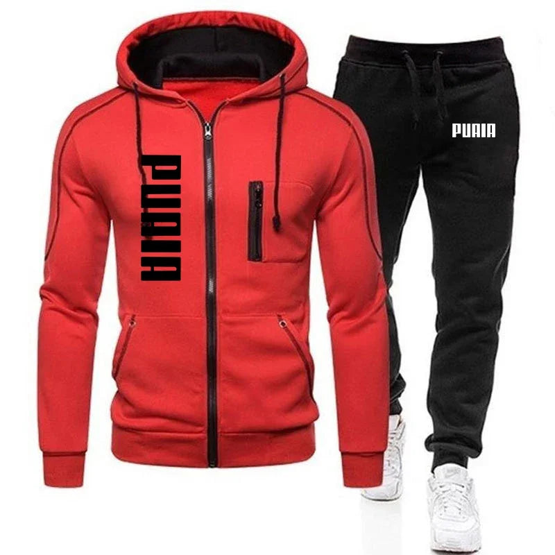 New autumn and winter thickened men's zipper jacket + pants two-piece set, fashionable outdoor jogging men's casual sportswear