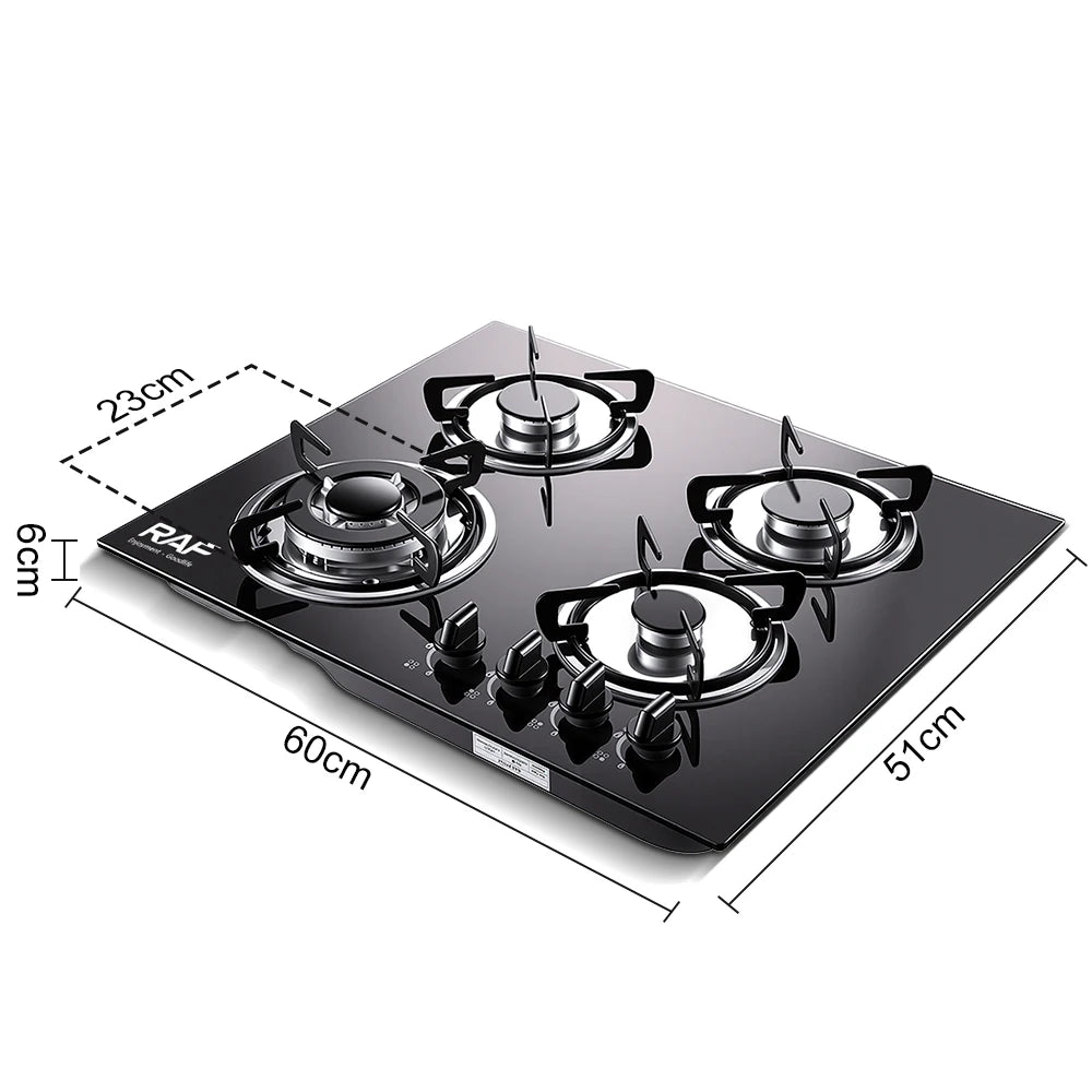 Built in Gas Stove Four Burners Tempered Glass Panel Pulse Ignition Uniform Firepower Cast Iron Support for Modern Kitchens